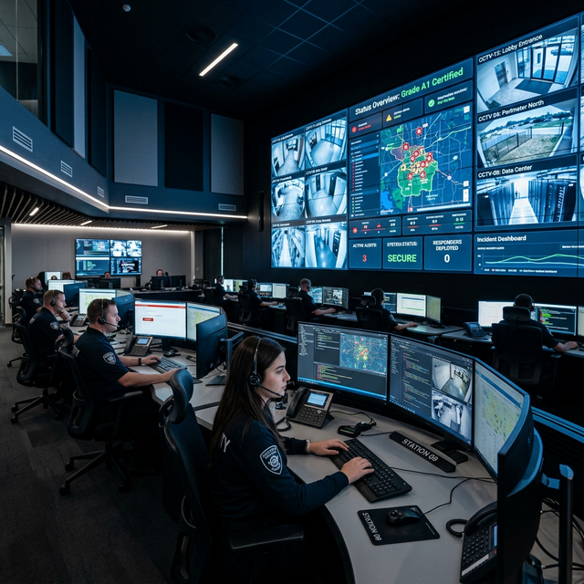 High-tech alarm monitoring center with operators