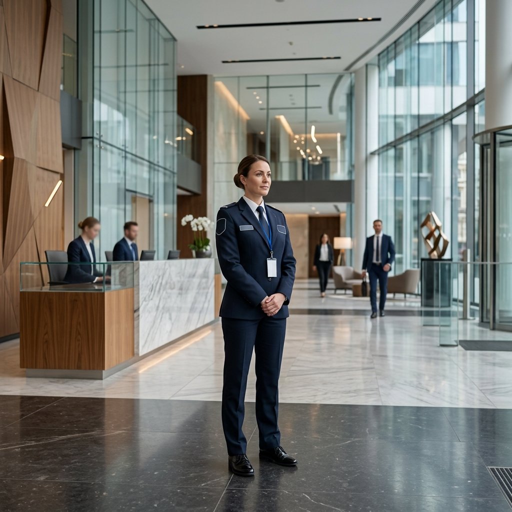 Professional clean financial institution lobby with security guard