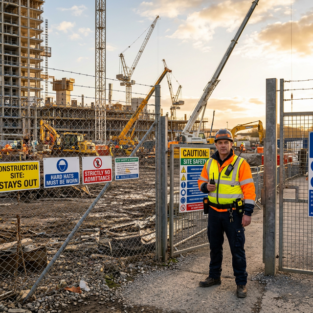 Security guard at a construction site with plant machinery