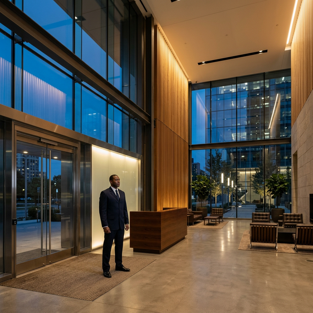Professional Corporate Security Guard providing concierge-style protection services in a Brisbane office lobby
