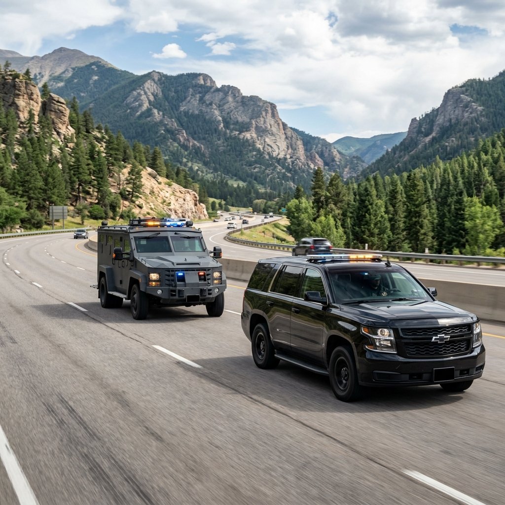 Professional clean armored secure transport vehicle with security personnel