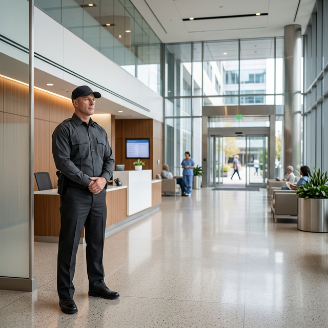 Professional Hospital Security Guard providing high-vigilance protection at a major Queensland medical facility