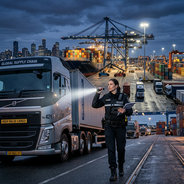 Professional Logistics Security Guard monitoring high-value assets at a Queensland distribution centre