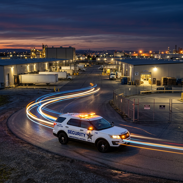 Marked security patrol vehicle on industrial site