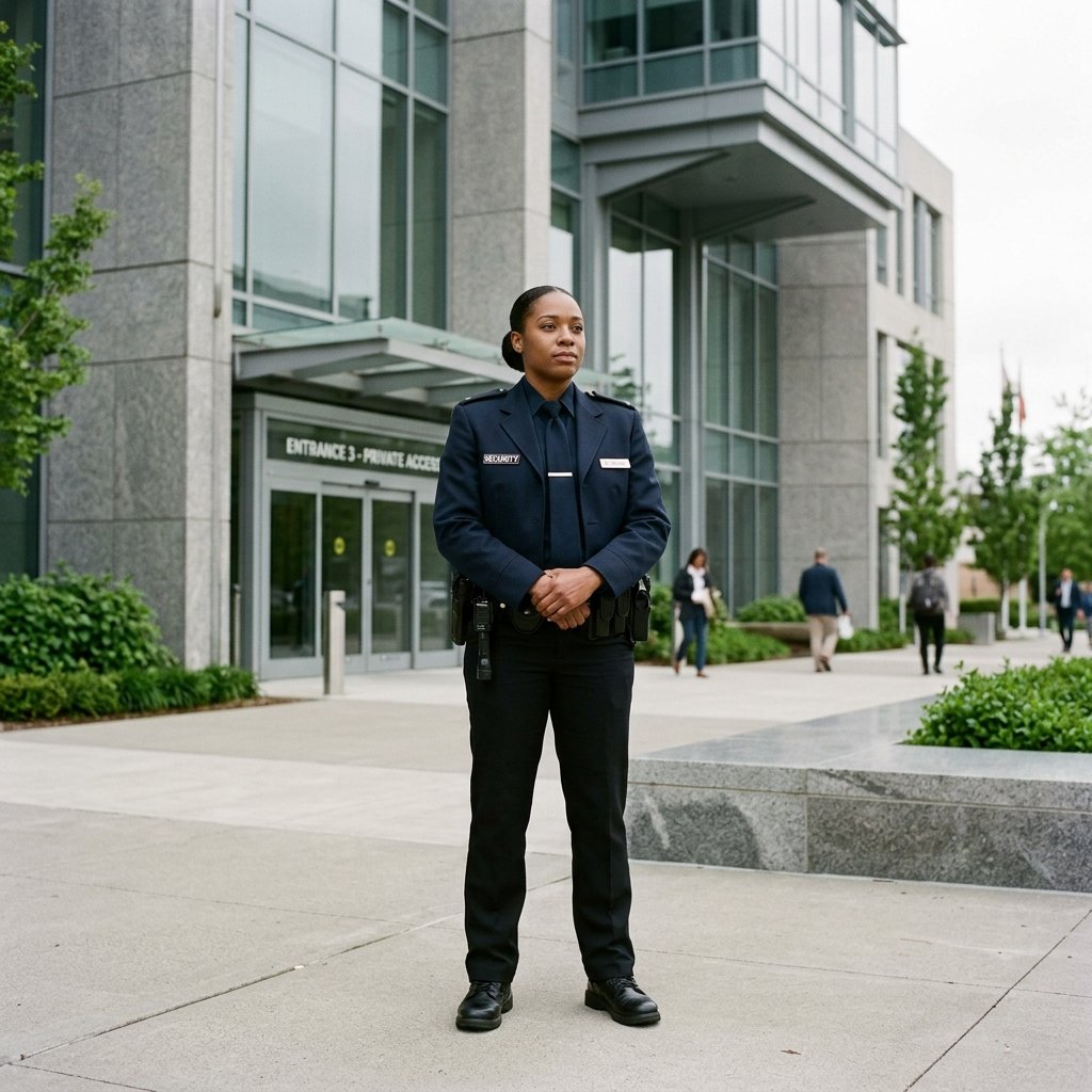Professional female security guard at a high-security facility