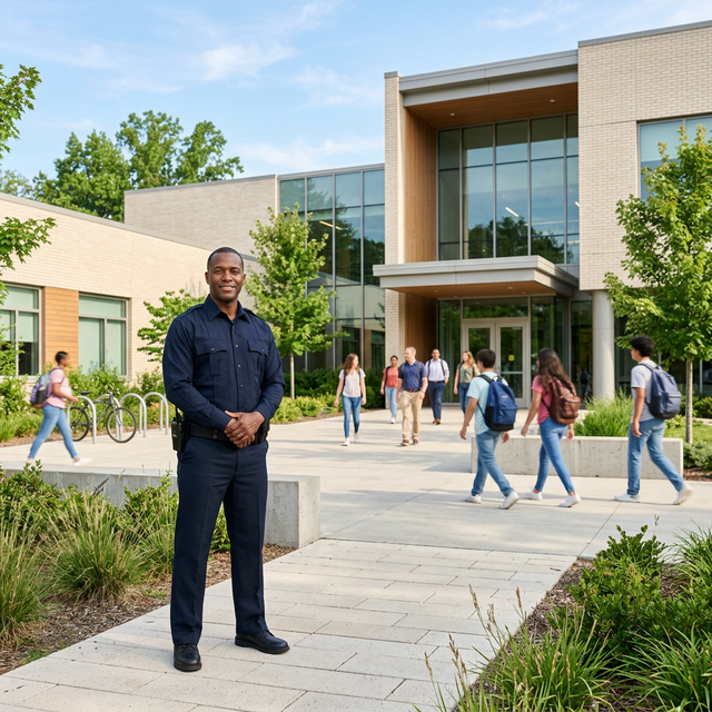 Professional Blue Card Security Guard providing specialized school protection in Queensland